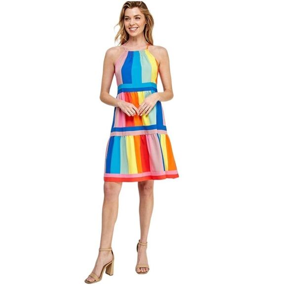 SOLUTION Rainbow Striped Shift Dress Size Medium - Picture 4 of 10